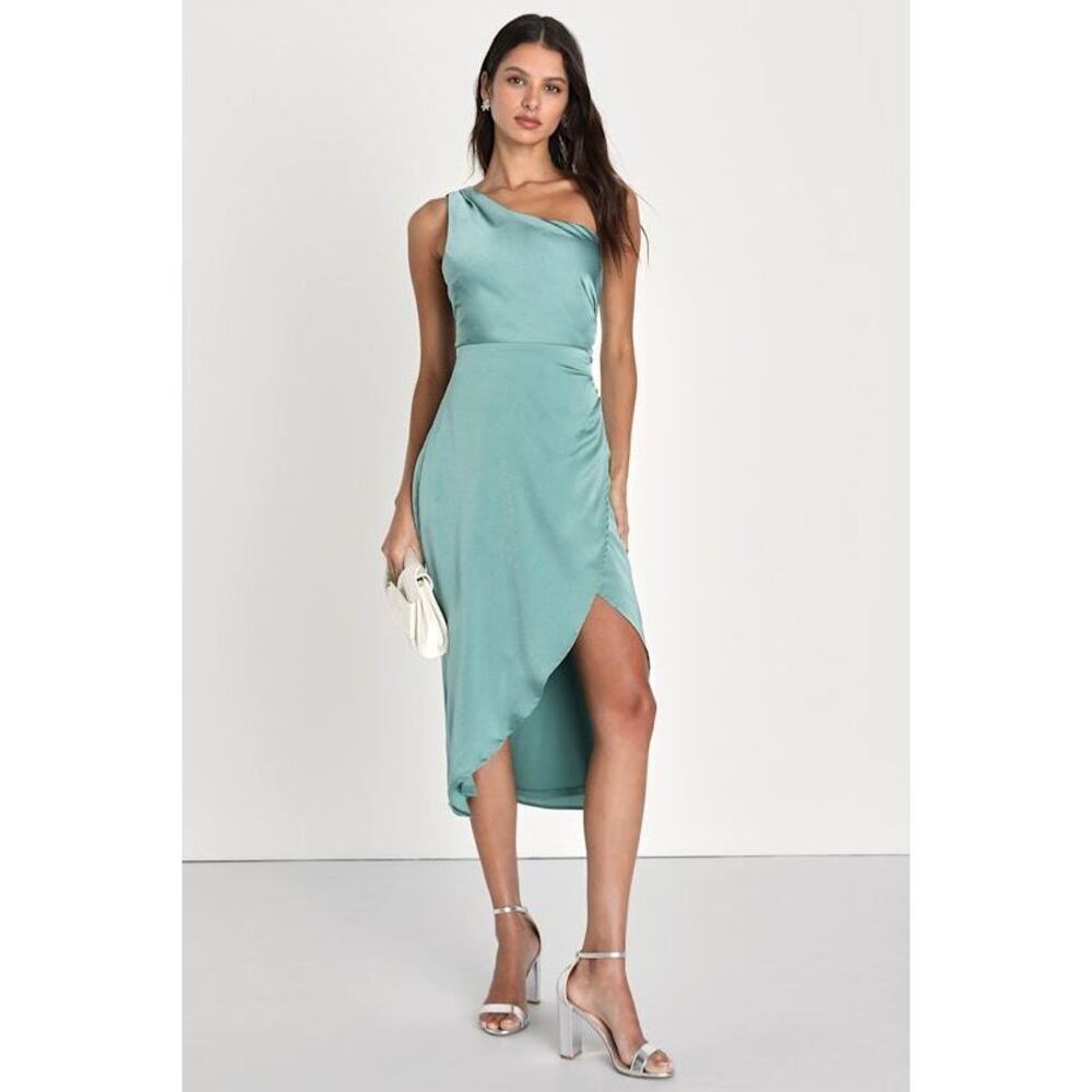 Lulus Aesthetic Of Elegance Dark Sage Ruched One-shoulder Midi Dress Green